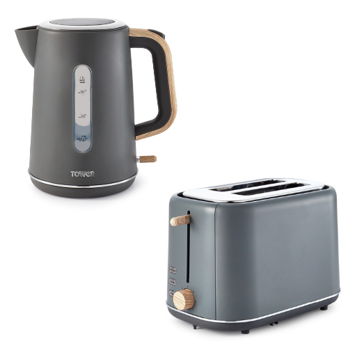 Tower Scandi Kettle & 2 Slice Toaster Kitchen Set (Dark Grey) - Vibe Home