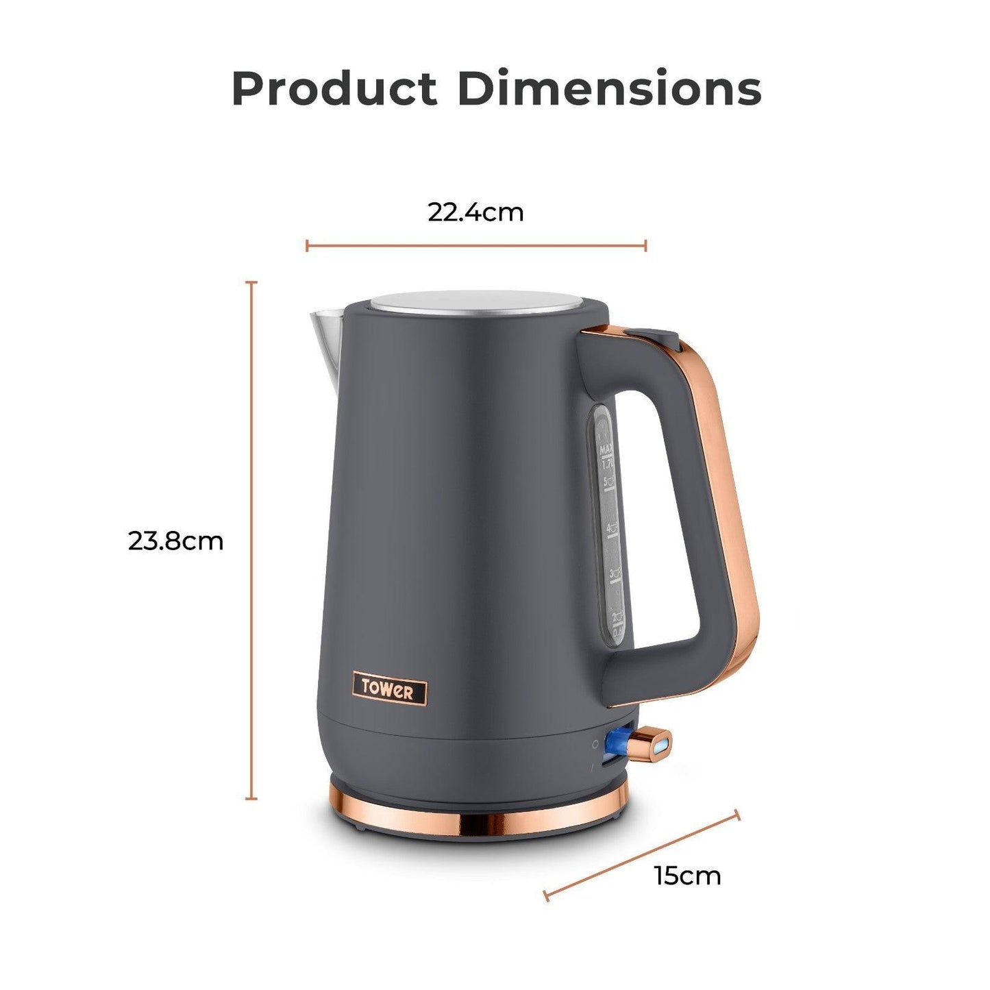 Tower Cavaletto Jug Kettle & 4 Slice Toaster Kitchen Set (Grey) - Vibe Home