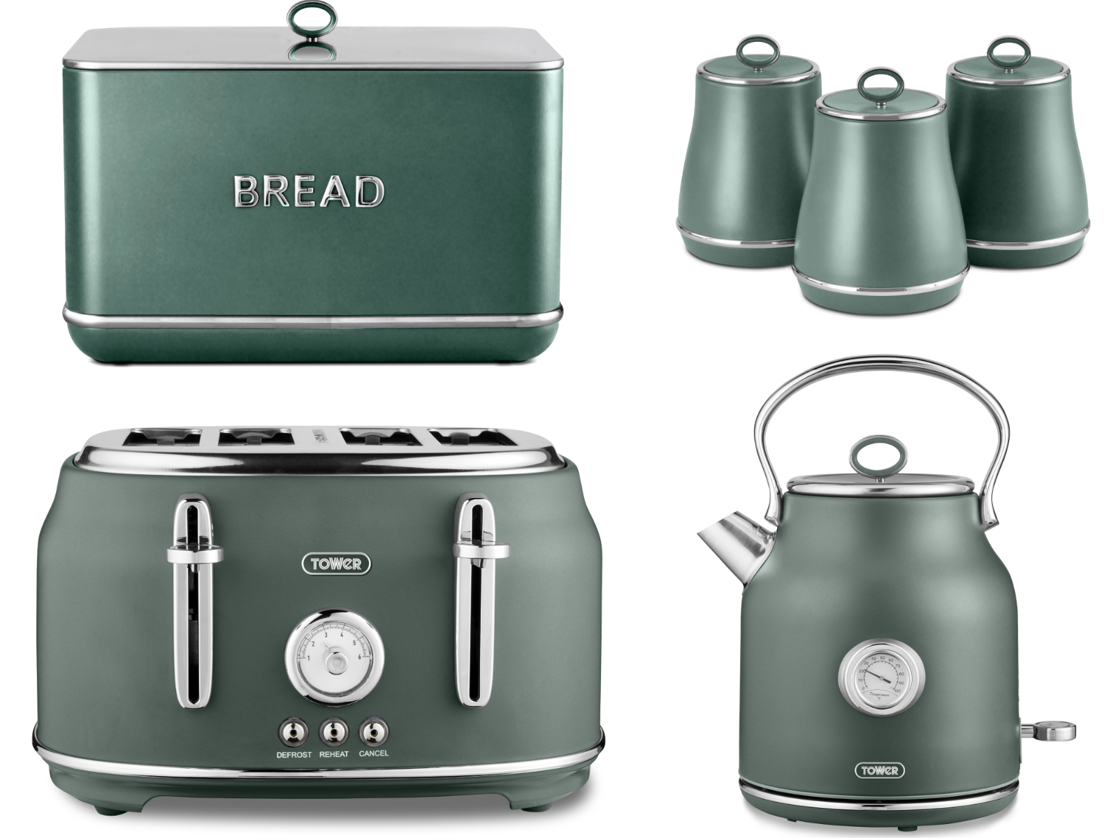 Tower Renaissance Kettle, 4 Slice Toaster, Bread Bin, Canisters Kitchen Set (Forest Green) - Vibe Home