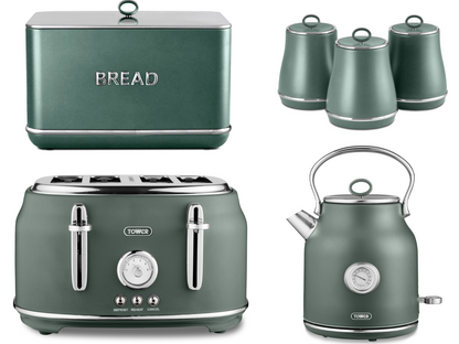 Tower Renaissance Kettle, 4 Slice Toaster, Bread Bin, Canisters Kitchen Set (Forest Green) - Vibe Home