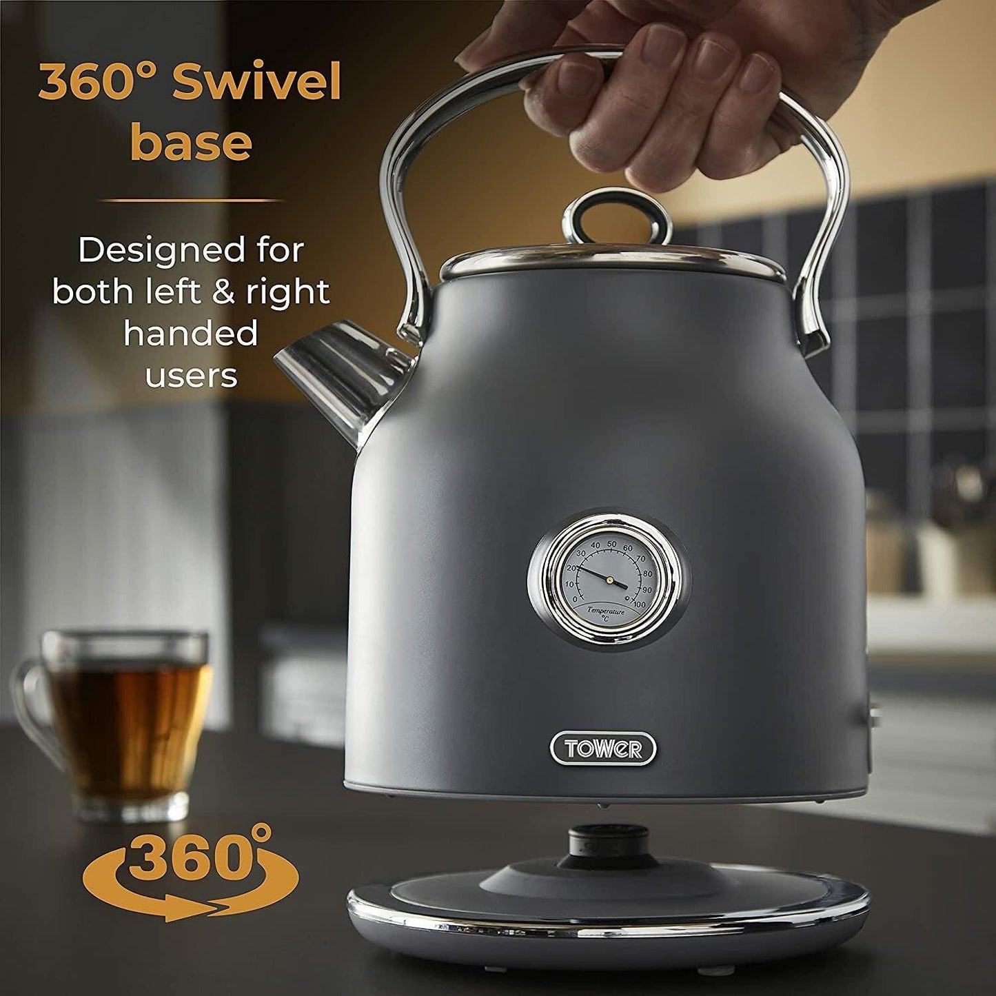 Tower Renaissance Kettle, 4 Slice Toaster, Bread Bin, Canisters Kitchen Set (Grey) - Vibe Home