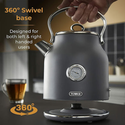 Tower Renaissance Kettle, 4 Slice Toaster, Bread Bin, Canisters Kitchen Set (Grey) - Vibe Home