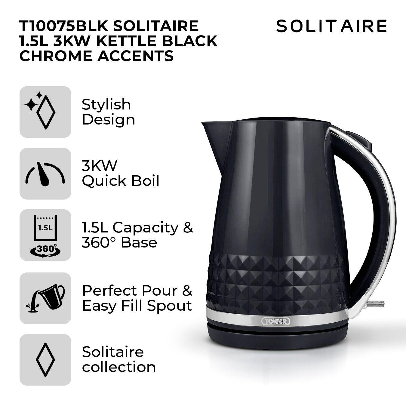 Tower Solitaire Kettle, 2 Slice Toaster, Bread Bin & Canisters Kitchen Set (Black) - Vibe Home