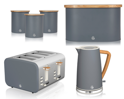 Swan Nordic Kettle, 4 Slice Toaster, Bread Bin & Canisters Kitchen Set (Grey) - Vibe Home