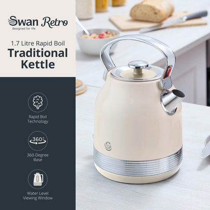 Swan Retro Pyramid Kettle & 2 Slice Toaster Kitchen Set (Cream) - Vibe Home