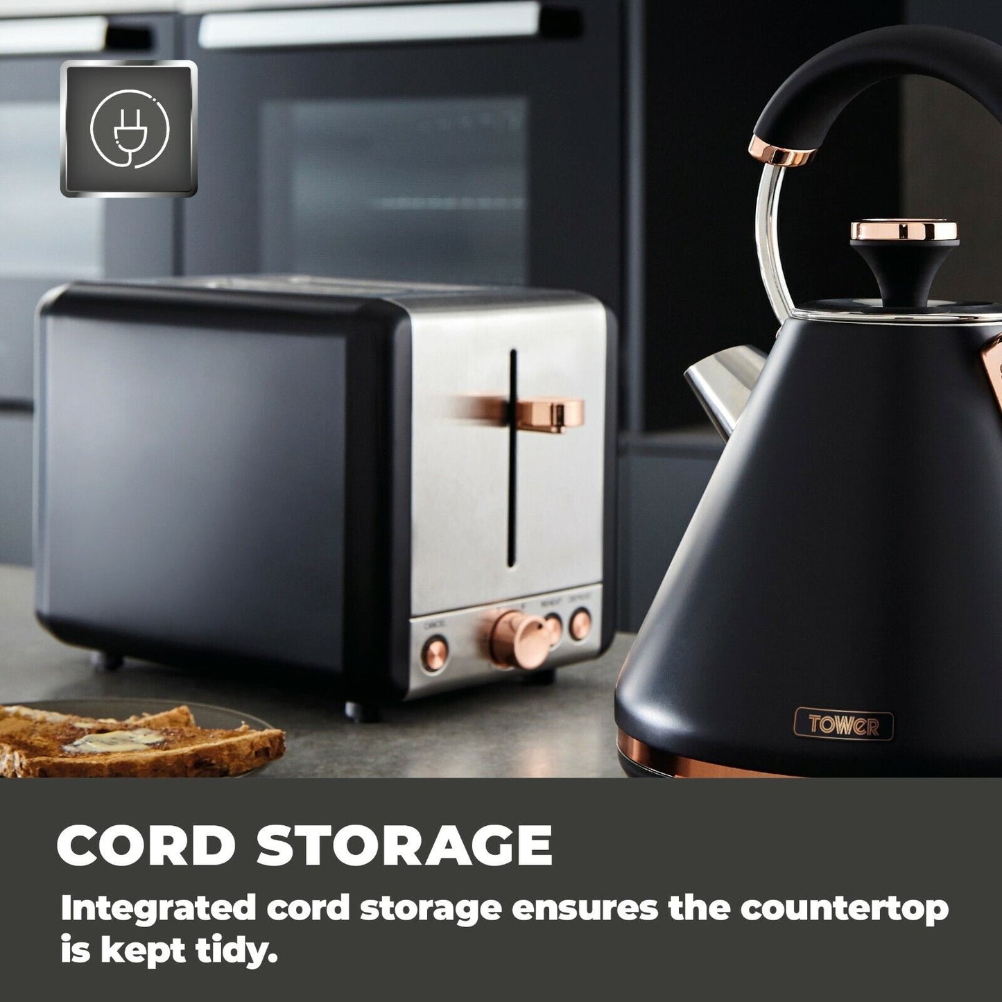 Tower Cavaletto Pyramid Kettle, 2 Slice Toaster, Canisters, Bread Bin Kitchen Set (Black) - Vibe Home