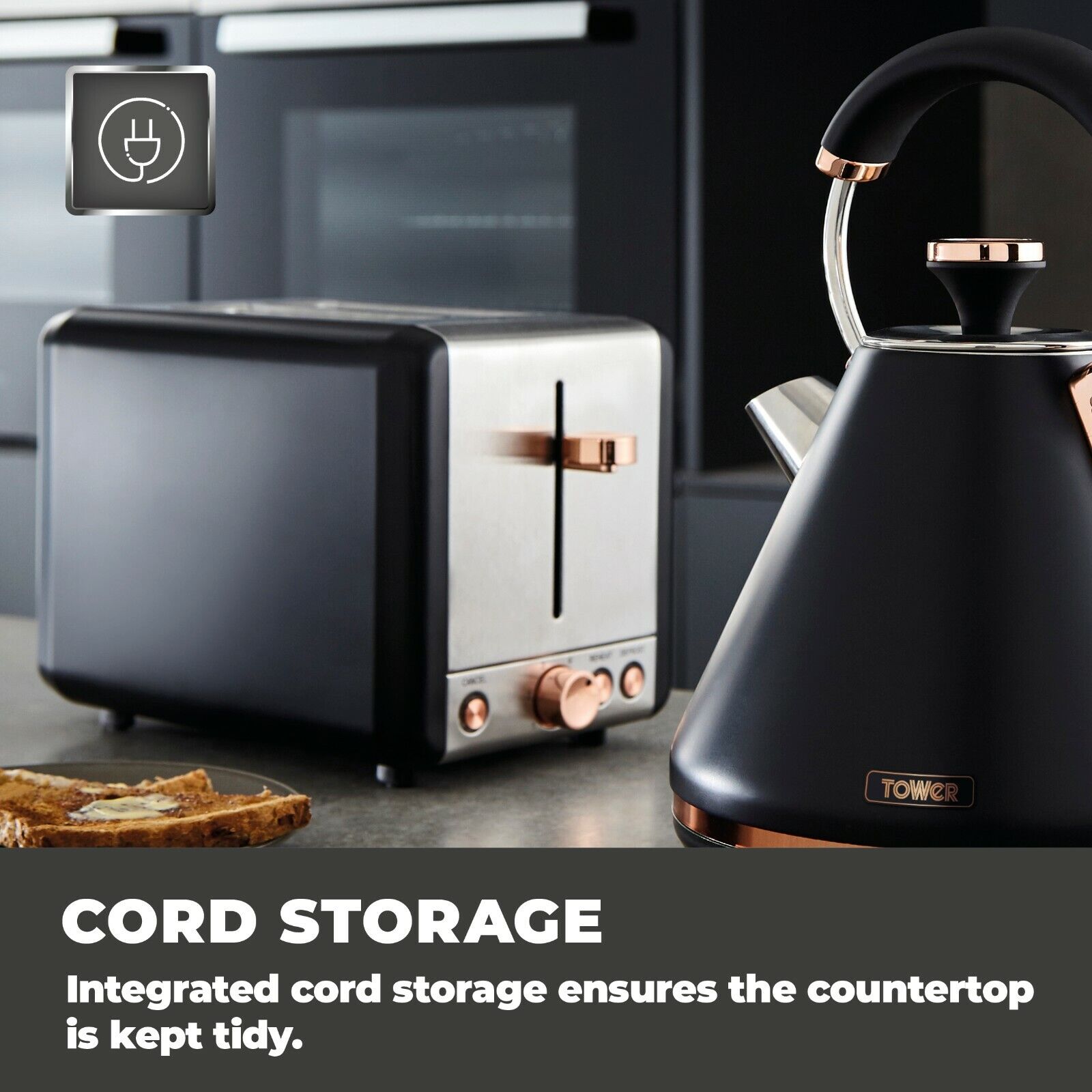 Tower Cavaletto Pyramid Kettle, 2 Slice Toaster, Canisters, Bread Bin Kitchen Set (Black) - Vibe Home