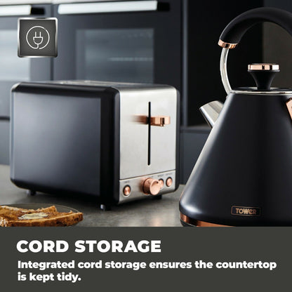 Tower Cavaletto Pyramid Kettle, 2 Slice Toaster, Canisters, Bread Bin Kitchen Set (Black) - Vibe Home