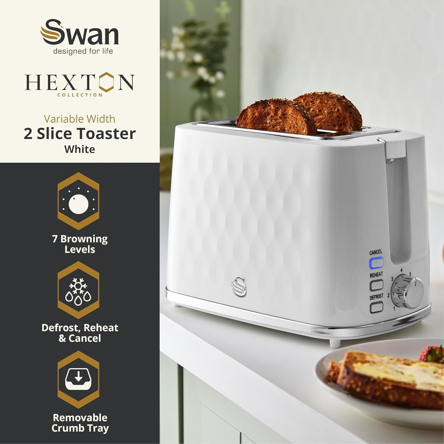 Swan Hexton Kettle & 2 Slice Toaster Kitchen Set (White) - Vibe Home