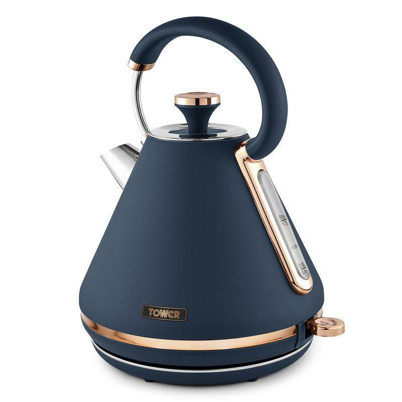 Tower Cavaletto Pyramid Kettle, 4 Slice Toaster, Bread Bin & Canisters Kitchen Set (Midnight Blue) - Vibe Home