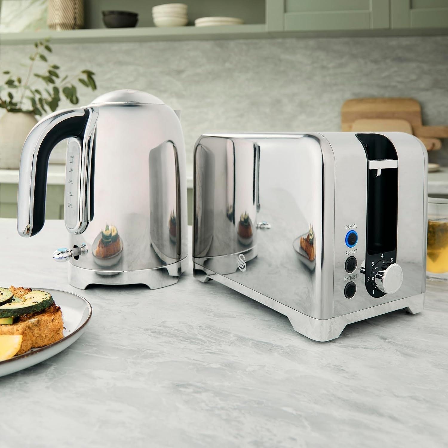 Swan Solace Kettle & 2 Slice Toaster Kitchen Set Silver (Stainless Steel) - Vibe Home