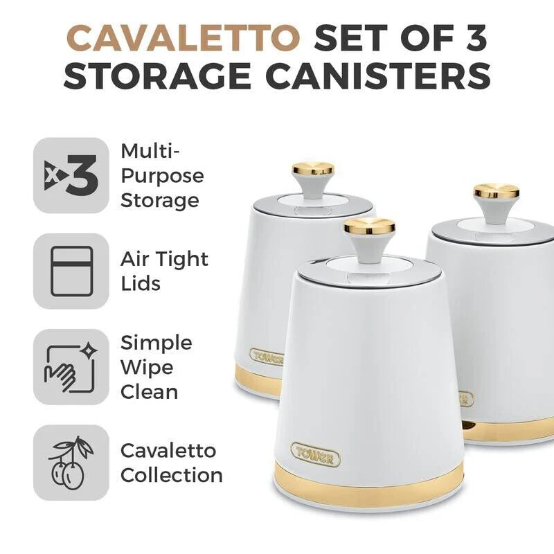 Tower Cavaletto Optic White Kitchen Set Jug Kettle 2 Slice Toaster Canisters