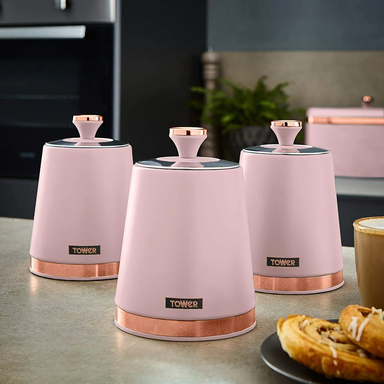 Tower Cavaletto Pink 6pc Kitchen Set Bread Bin Canisters Towel Pole Mug Tree