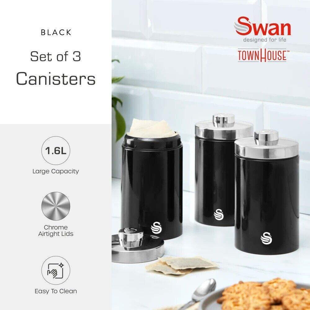 Swan Townhouse Kettle, 2 Slice Toaster, Bread Bin, Canisters Kitchen Set (Black) - Vibe Home