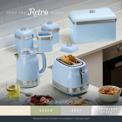 Swan Retro Jug Kettle, 2 Slice Toaster, Bread Bin & Canisters Kitchen Set (Blue) - Vibe Home