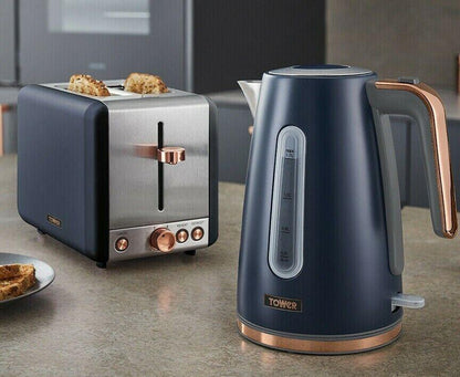 Tower Cavaletto Jug Kettle & 2 Slice Toaster Kitchen Set (Midnight Blue) - Vibe Home
