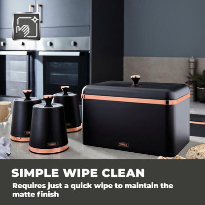 Tower Cavaletto Pyramid Kettle, 4 Slice Toaster, Bread Bin, Canisters Kitchen Set (Black) - Vibe Home
