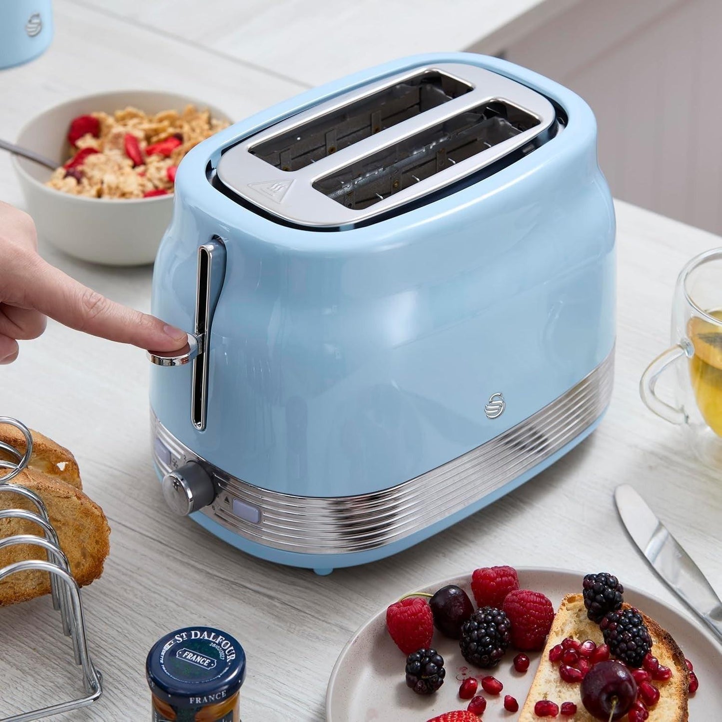 Swan Retro Pyramid Kettle, 2 Slice Toaster & Canisters Kitchen Set (Blue) - Vibe Home