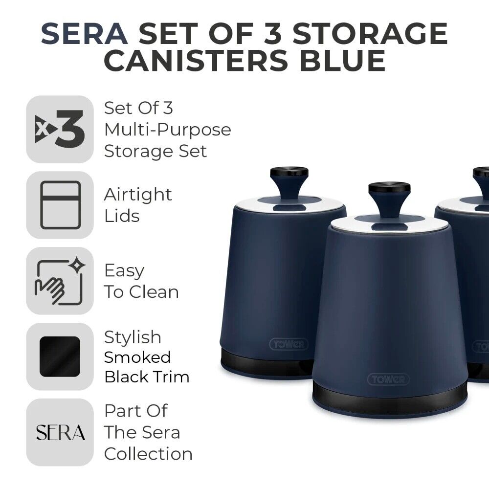 Tower Sera Kettle, 4 Slice Toaster, Bread Bin, Canisters Kitchen Set (Midnight Blue) - Vibe Home