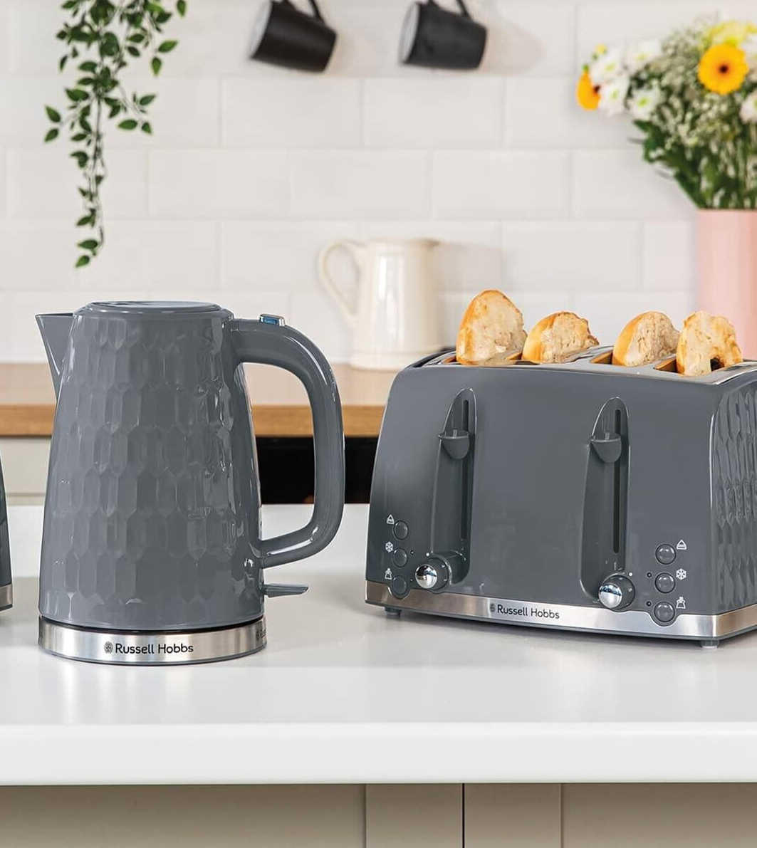 Russell Hobbs Honeycomb Kettle & 4 Slice Toaster Kitchen Set (Grey) - Vibe Home