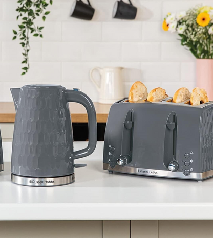 Russell Hobbs Honeycomb Kettle & 4 Slice Toaster Kitchen Set (Grey) - Vibe Home