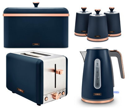 Tower Cavaletto Jug Kettle, 2 Slice Toaster, Bread Bin, Canisters Kitchen Set (Midnight Blue) - Vibe Home