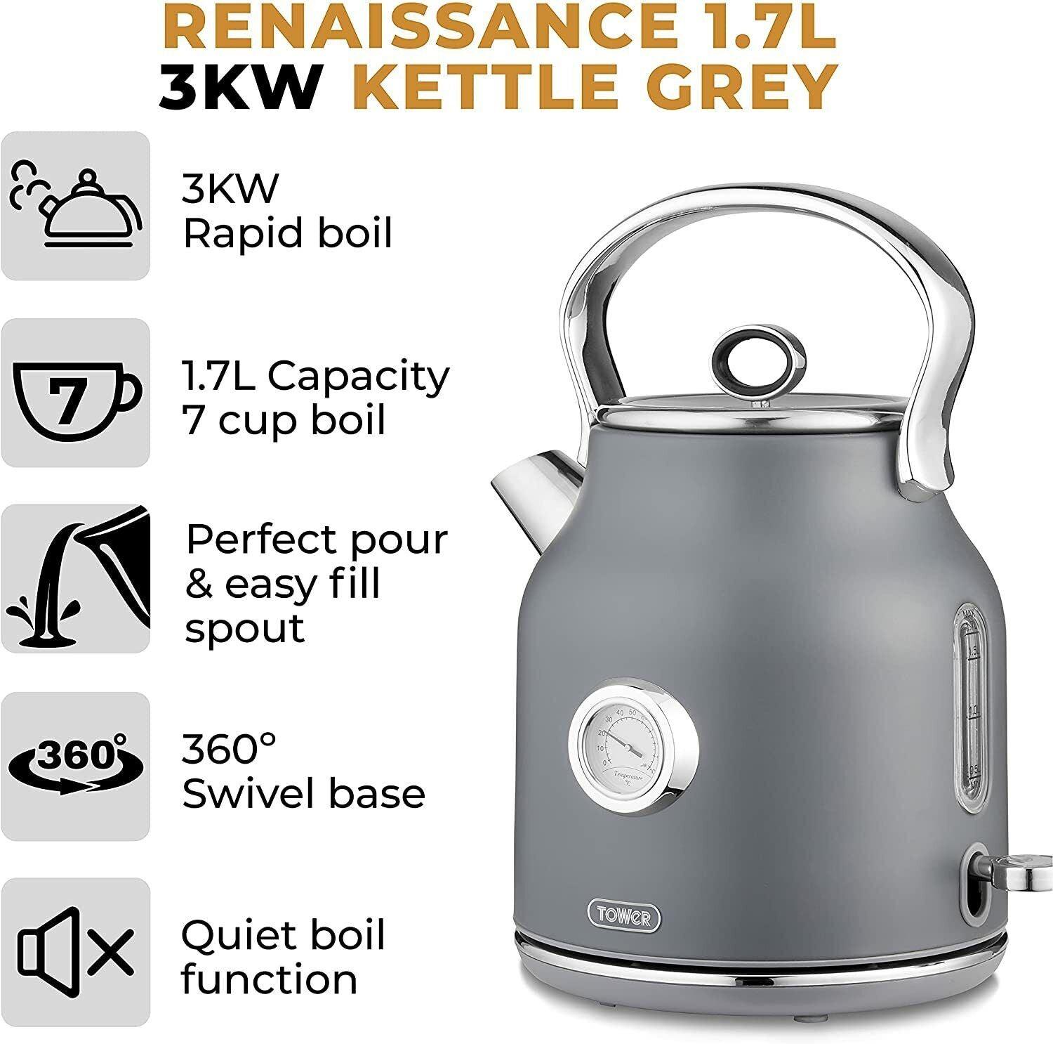 Tower Renaissance Kettle & 4 Slice Toaster Kitchen Set (Grey) - Vibe Home