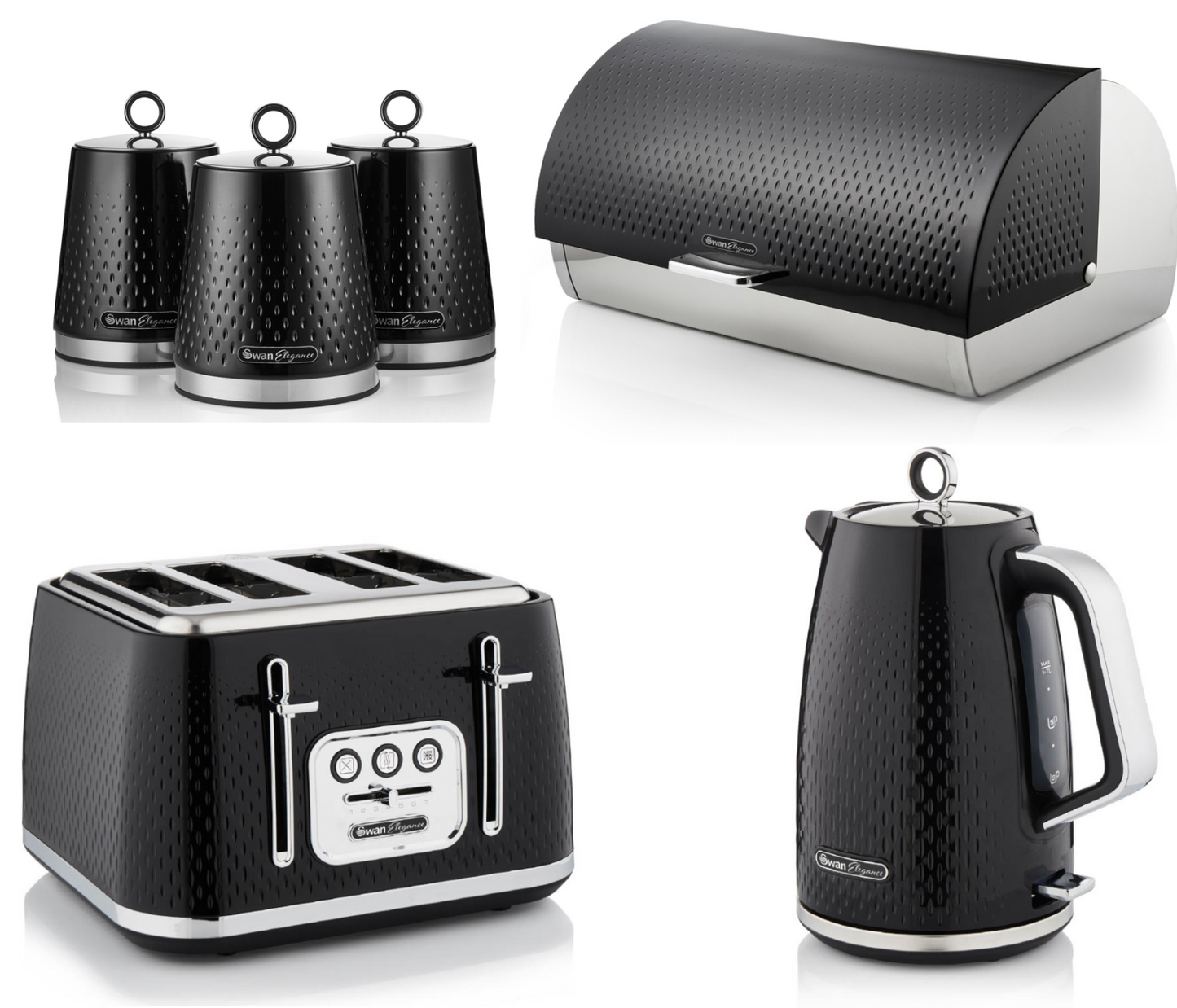 Swan Elegance Kettle, 4 Slice Toaster, Bread Bin, Canisters Kitchen Set (Black) - Vibe Home