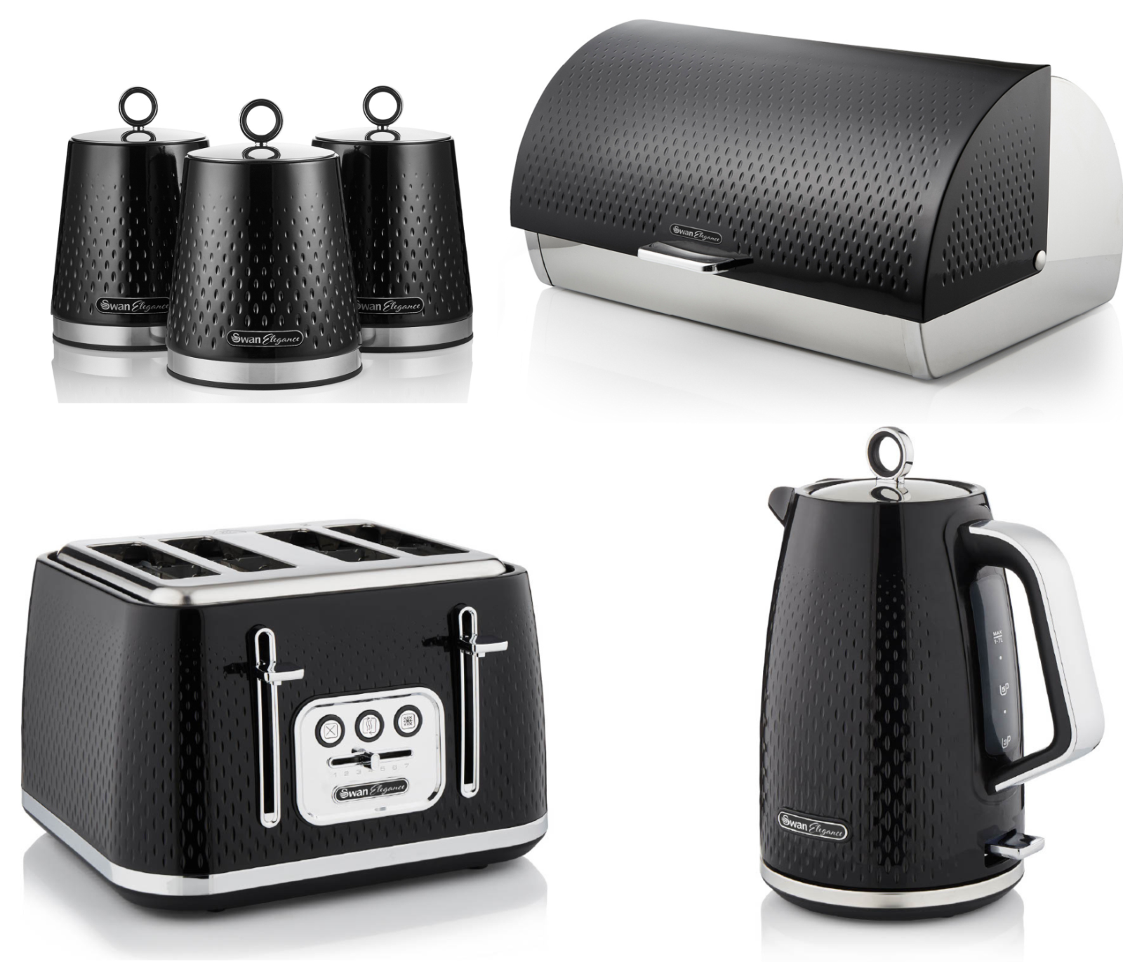 Swan Elegance Kettle, 4 Slice Toaster, Bread Bin, Canisters Kitchen Set (Black) - Vibe Home