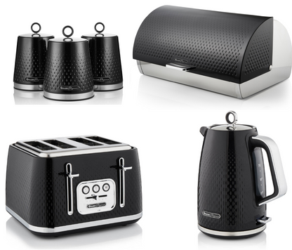 Swan Elegance Kettle, 4 Slice Toaster, Bread Bin, Canisters Kitchen Set (Black) - Vibe Home