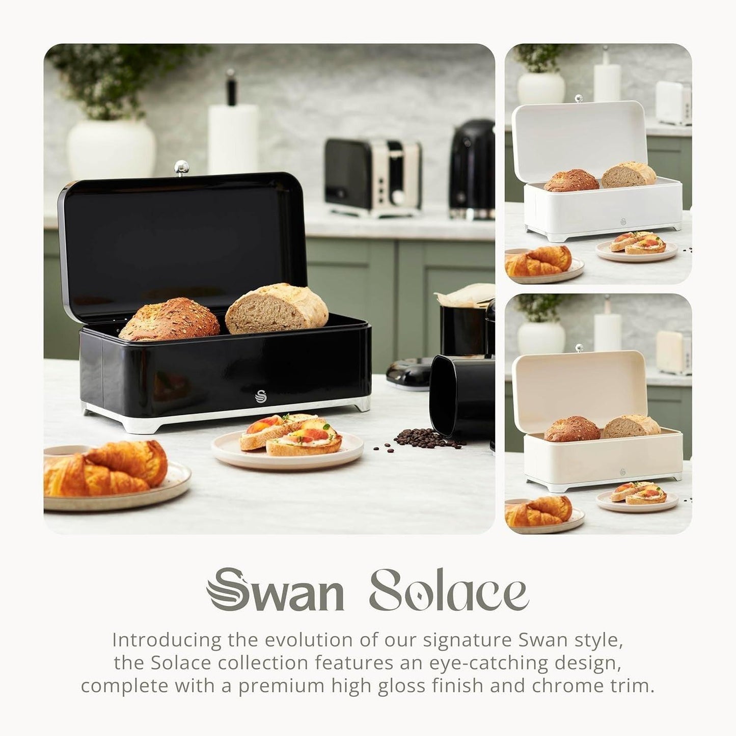 Swan Solace Bread Bin & Canisters Kitchen Storage Set (Black) - Vibe Home