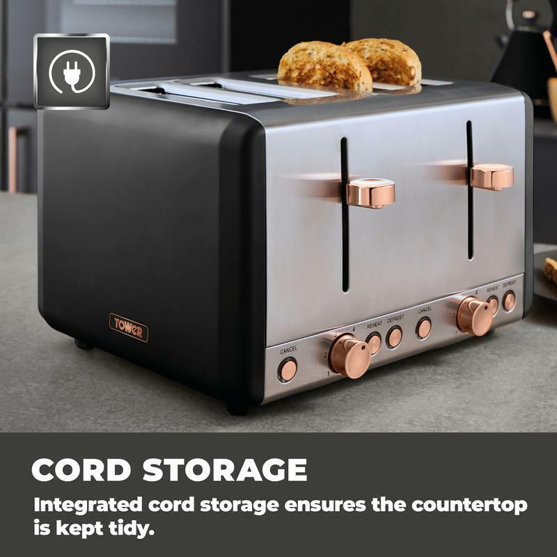 Tower Cavaletto Pyramid Kettle, 4 Slice Toaster, Bread Bin, Canisters Kitchen Set (Black) - Vibe Home