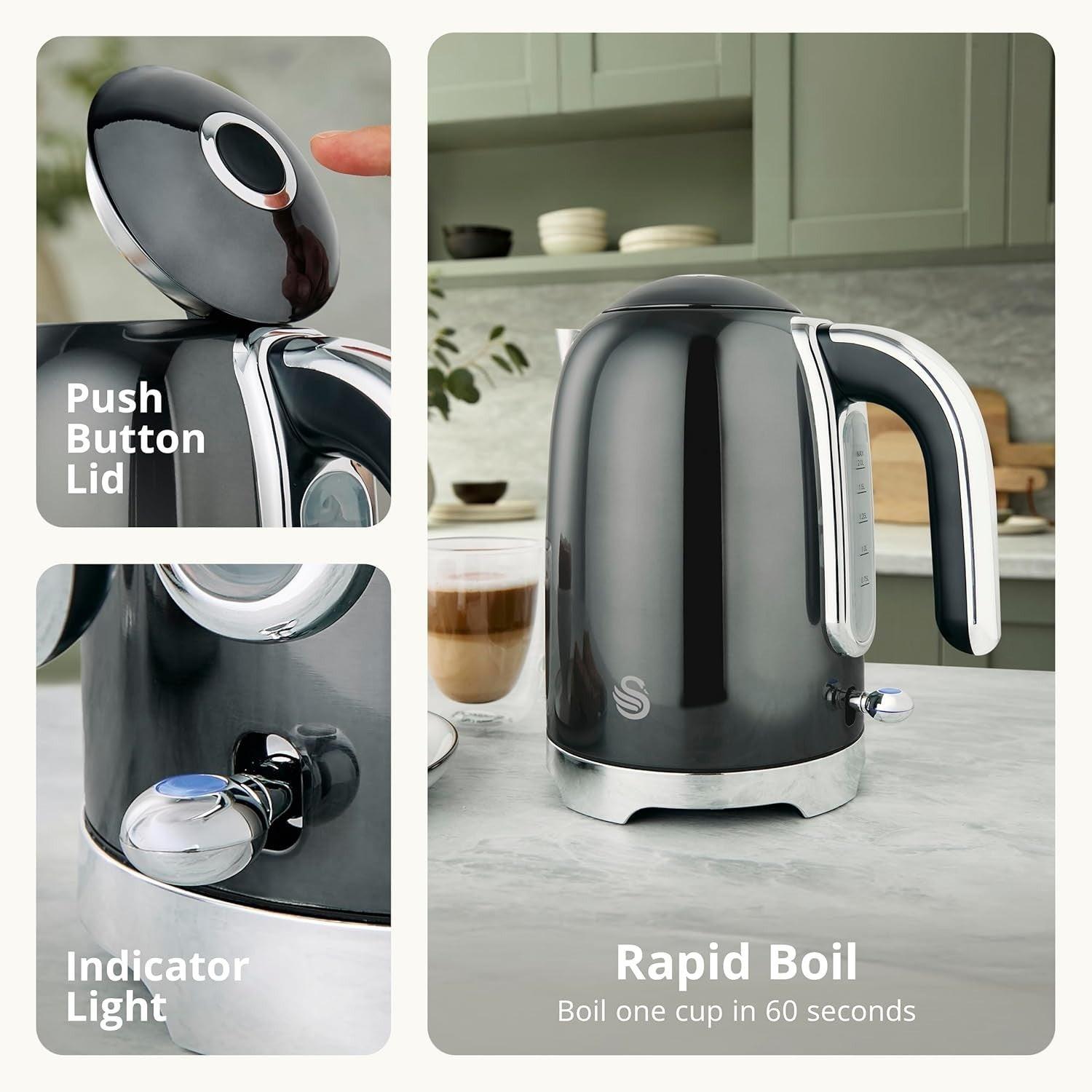 Swan Solace Kettle & 2 Slice Toaster Kitchen Set Grey (Graphite) - Vibe Home