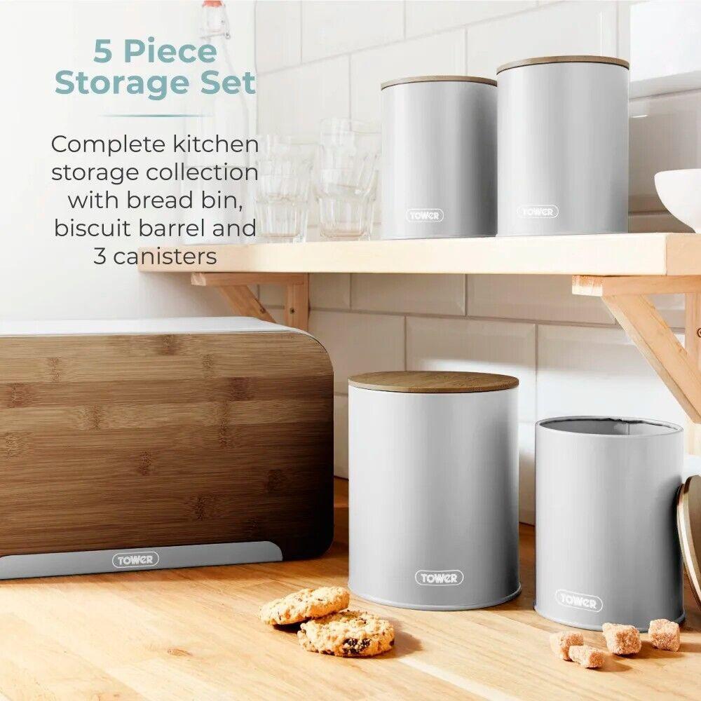 Tower Scandi Kettle, 2 Slice Toaster, Bread Bin, Canisters & Biscuit Barrel Kitchen Set (Dove Grey) - Vibe Home