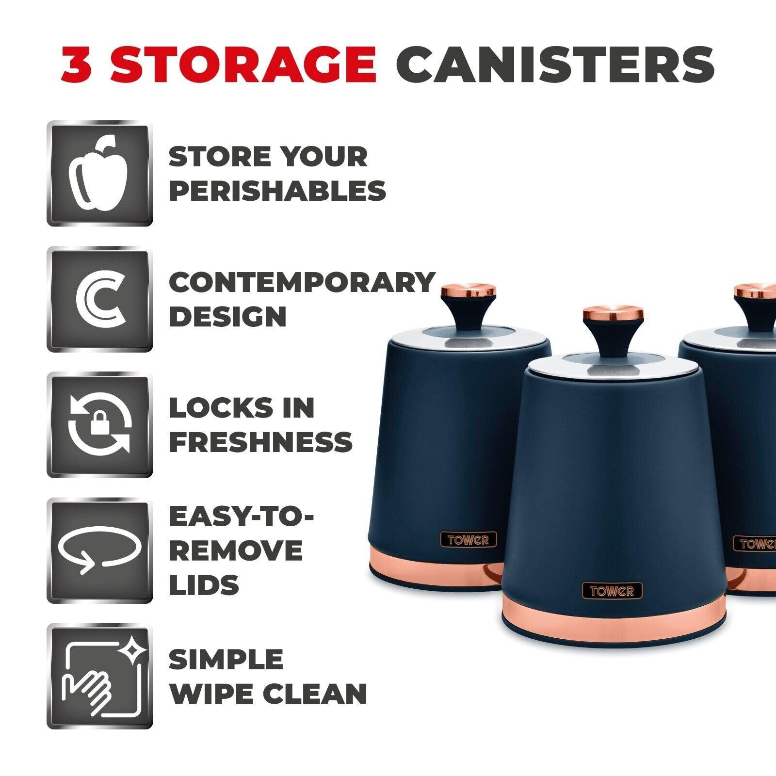 Tower Cavaletto Pyramid Kettle, 4 Slice Toaster & Canister Kitchen Set (Midnight Blue) - Vibe Home