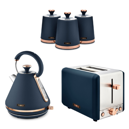 Tower Cavaletto Pyramid Kettle, 2 Slice Toaster & Canisters Kitchen Set (Midnight Blue) - Vibe Home