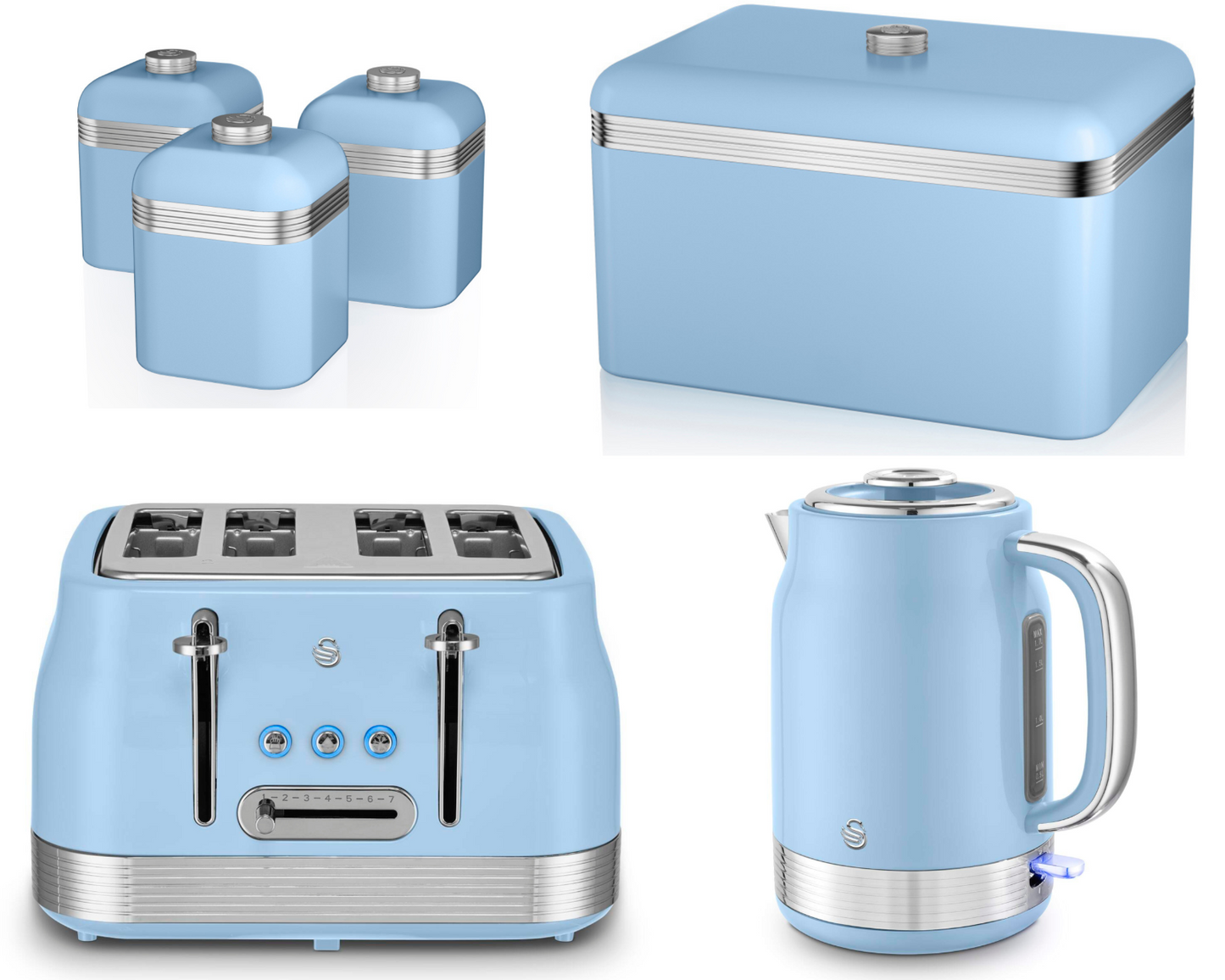 Swan Retro Jug Kettle, 4 Slice Toaster, Bread Bin & Canisters Kitchen Set (Blue) - Vibe Home
