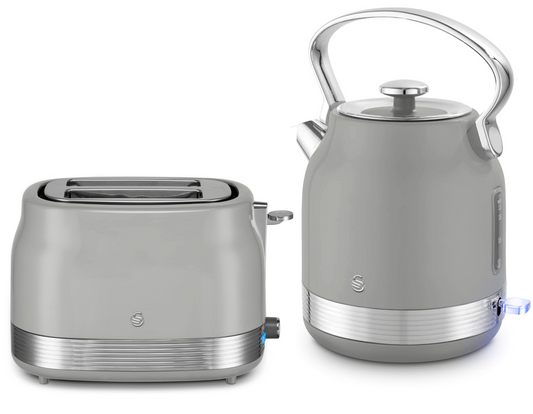 Swan Retro Pyramid Kettle & 2 Slice Toaster Kitchen Set (Grey) - Vibe Home