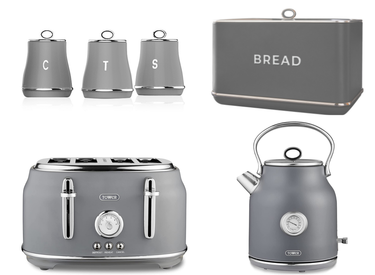 Tower Renaissance Kettle, 4 Slice Toaster, Bread Bin, Canisters Kitchen Set (Grey) - Vibe Home