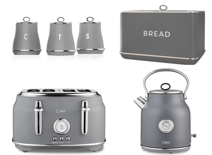 Tower Renaissance Kettle, 4 Slice Toaster, Bread Bin, Canisters Kitchen Set (Grey) - Vibe Home