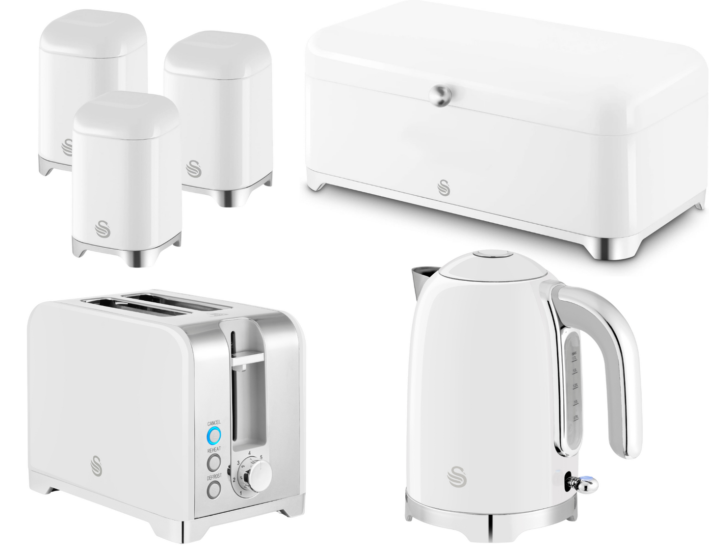 Swan Solace Jug Kettle, 2 Slice Toaster, Bread Bin, Canisters Kitchen Set (White) - Vibe Home