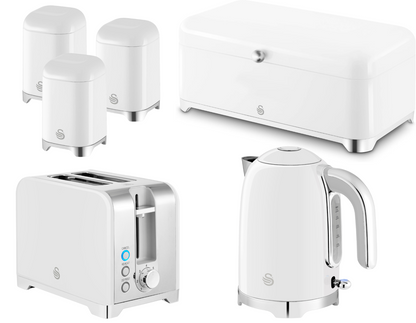 Swan Solace Jug Kettle, 2 Slice Toaster, Bread Bin, Canisters Kitchen Set (White) - Vibe Home