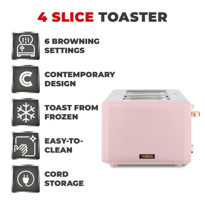 Tower Cavaletto Jug Kettle & 4 Slice Toaster Kitchen Set (Pink) - Vibe Home