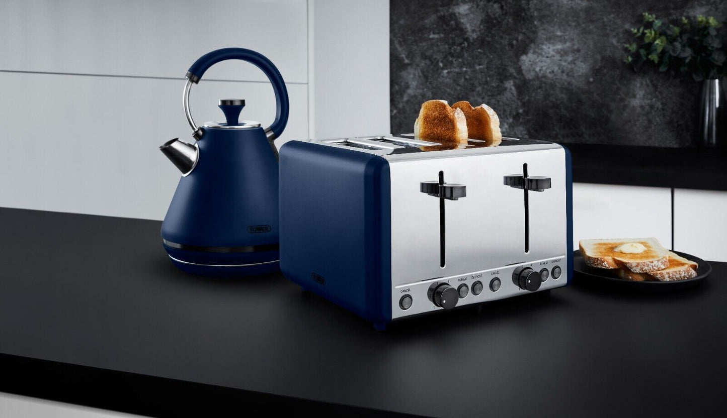 Tower Sera Kettle, 4 Slice Toaster, Bread Bin, Canisters Kitchen Set (Midnight Blue) - Vibe Home