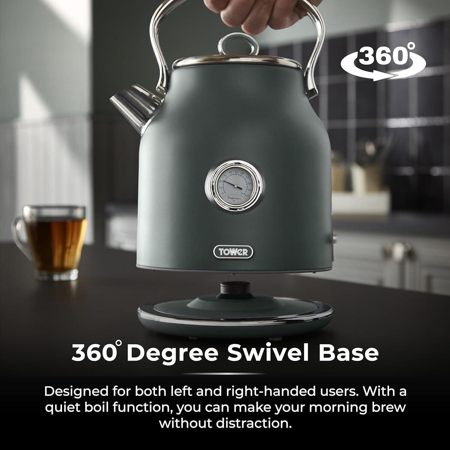 Tower Renaissance Kettle, 4 Slice Toaster, Bread Bin, Canisters Kitchen Set (Forest Green) - Vibe Home