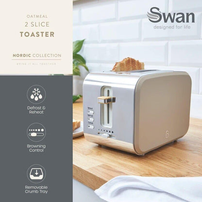 Swan Nordic Kettle, 2 Slice Toaster, Bread Bin, Canisters Kitchen Set (Oatmeal) - Vibe Home