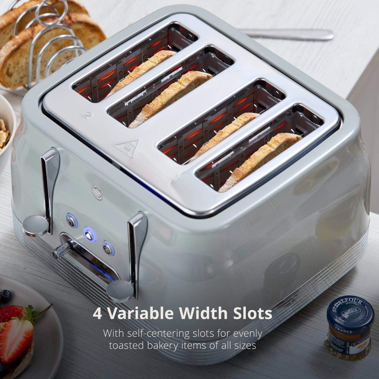 Swan Retro Pyramid Kettle, 4 Slice Toaster, Bread Bin, Canisters Kitchen Set (Grey) - Vibe Home