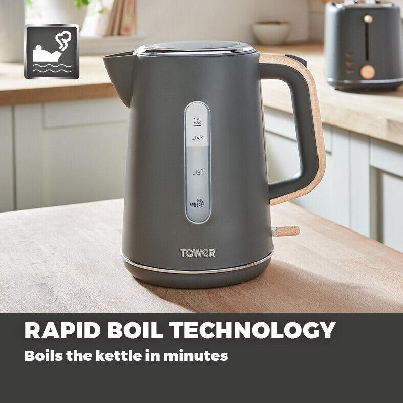 Tower Scandi Kettle & 2 Slice Toaster Kitchen Set (Dark Grey) - Vibe Home