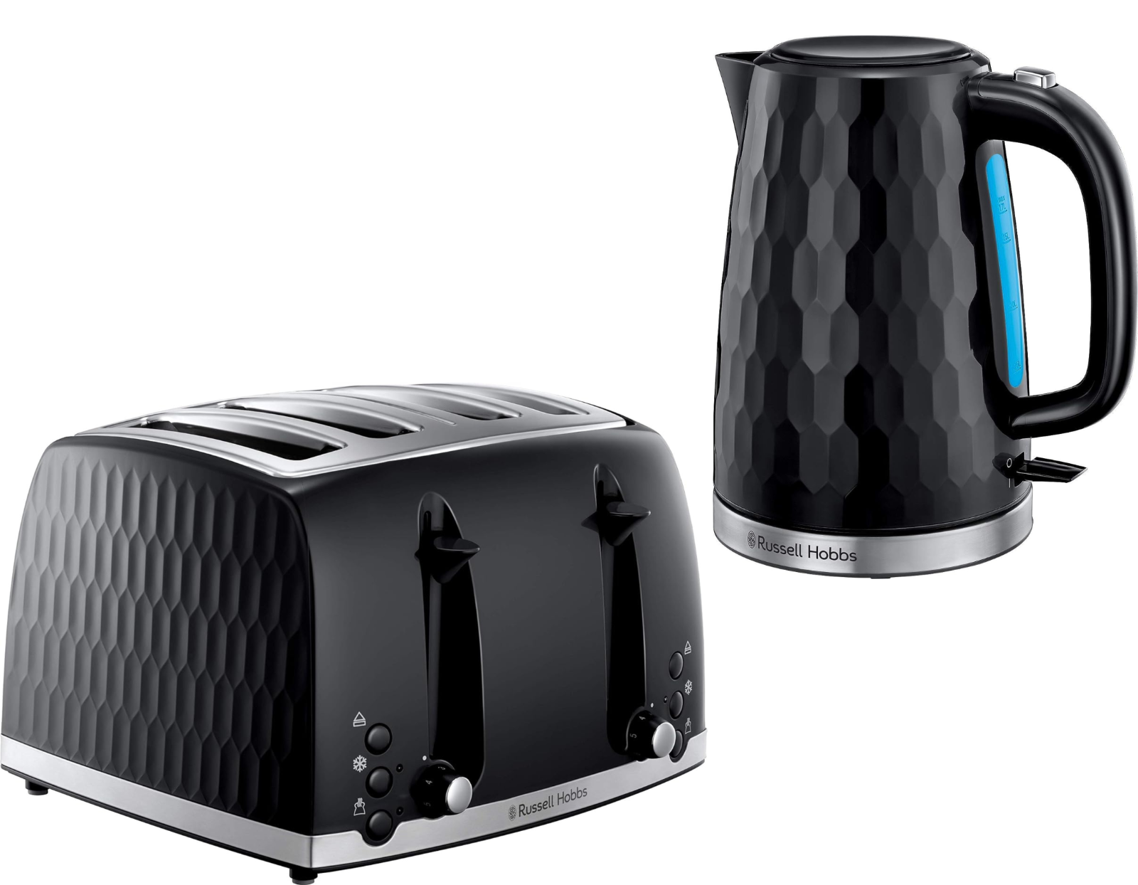 Russell Hobbs Honeycomb Kettle & 4 Slice Toaster Kitchen Set (Black) - Vibe Home