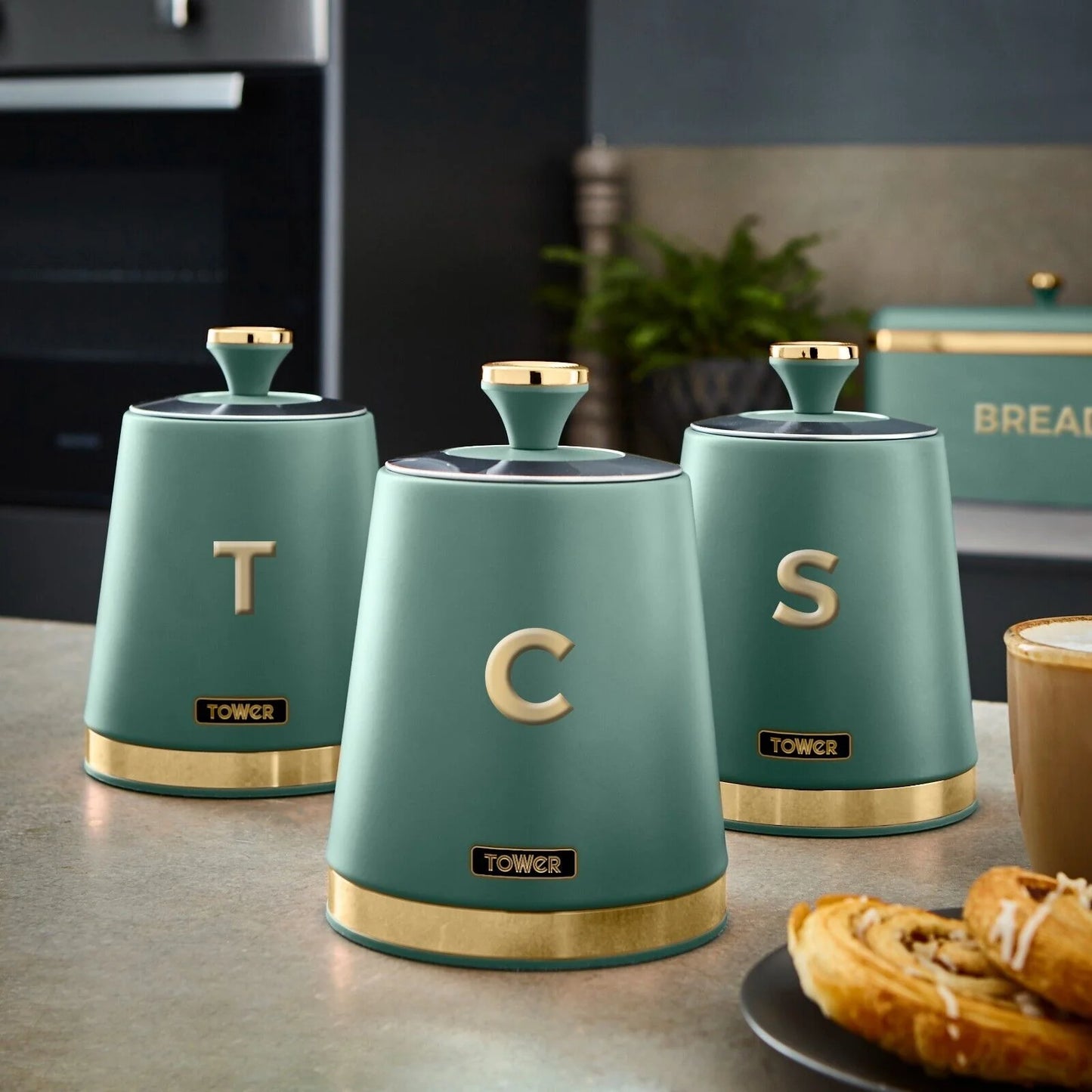 Tower Cavaletto Jade Green 5pc Kitchen Set Pyramid Kettle 4 Slice Toaster Canisters